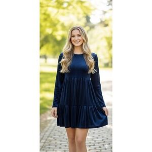 Navy Blue Ribbed Velvet Babydoll Dress Long Sleeve Tiered Mini Large